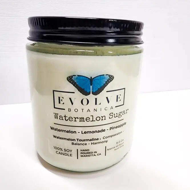 9Oz Watermelon Sugar Crystal Soy Candle In Vintage Jam Jar With Watermelon Tourmaline 1