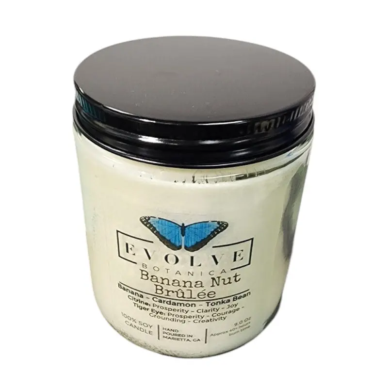 Banana Nut Brûlée Soy Candle In 9Oz Jam Jar With Citrine And Tiger’S Eye Crystals 1