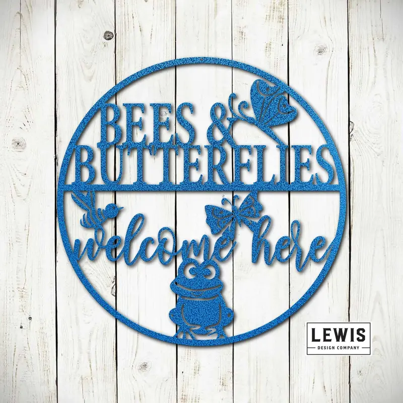 Bees & Butterflies Welcome Sign – Dual-Theme Metal Garden Marker 1