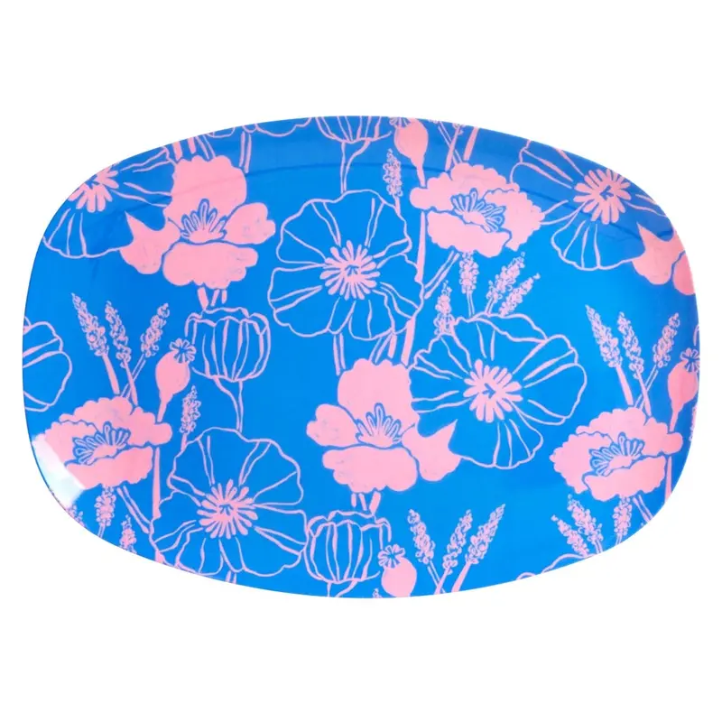 Blue Melamine Rectangular Serving Plate – Poppies Love Design 1