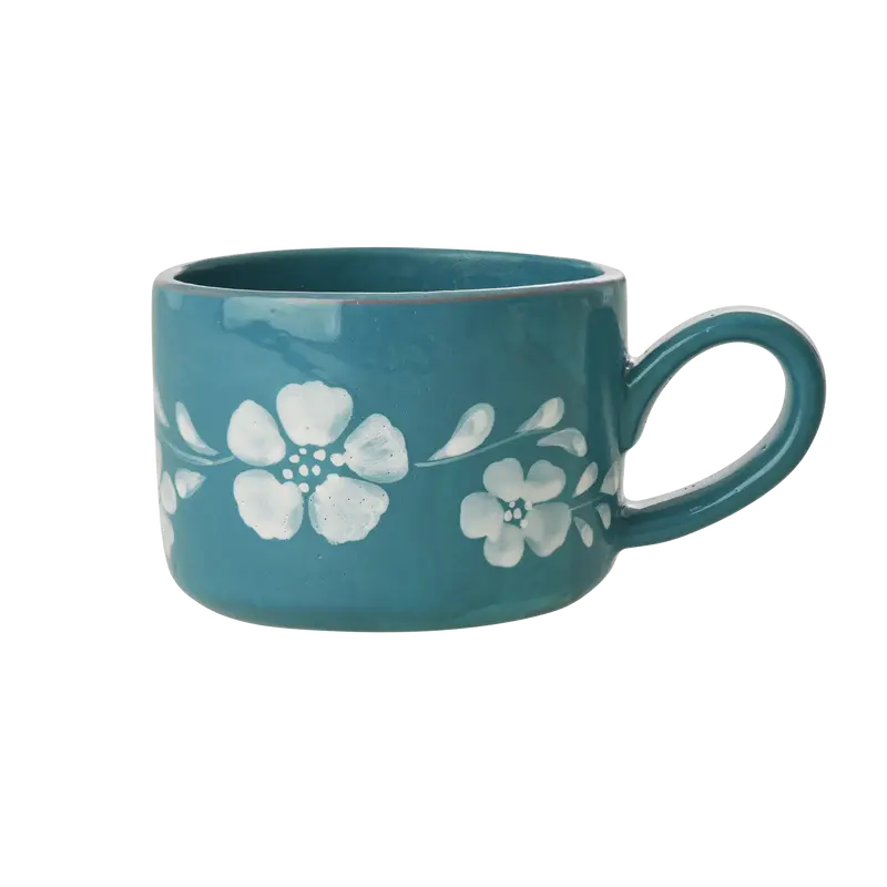 Ceramic Cappuccino Cup – White Floral Vine Design – 6.7 Oz 1