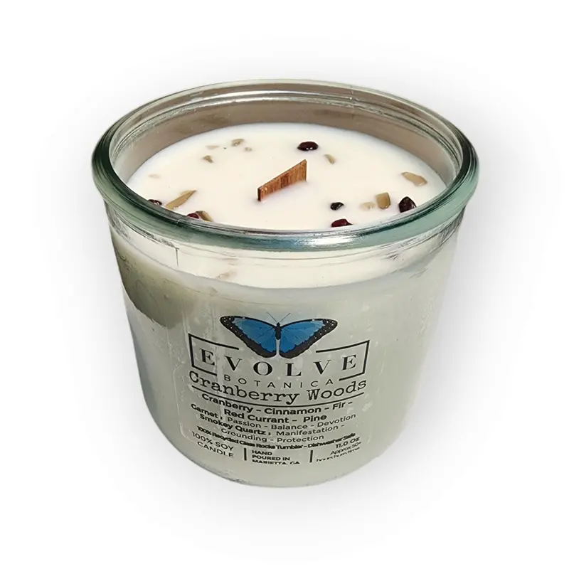 Cranberry Woods Soy Candle In Natural Rock Vessel With Wood Wick & Gemstones 1