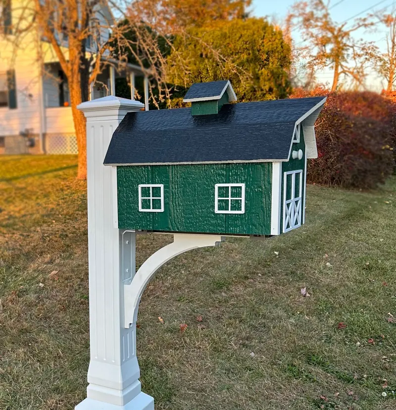 Dutch Barn-Style Wooden Mailbox – Post-Mount Design, Amish-Forged 1
