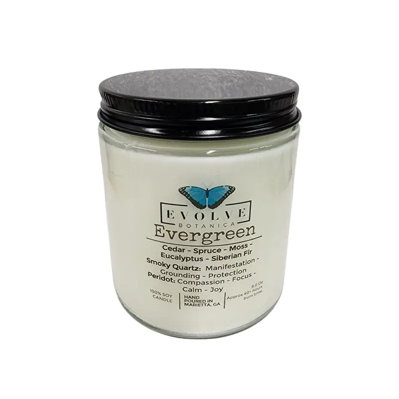 Evergreen Scented Soy Candle In 9Oz Jam Jar With Smoky Quartz And Peridot 1