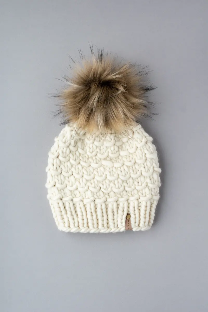 Ivory Peruvian Wool Knit Hat Featuring Faux Fur Pom-Pom 1