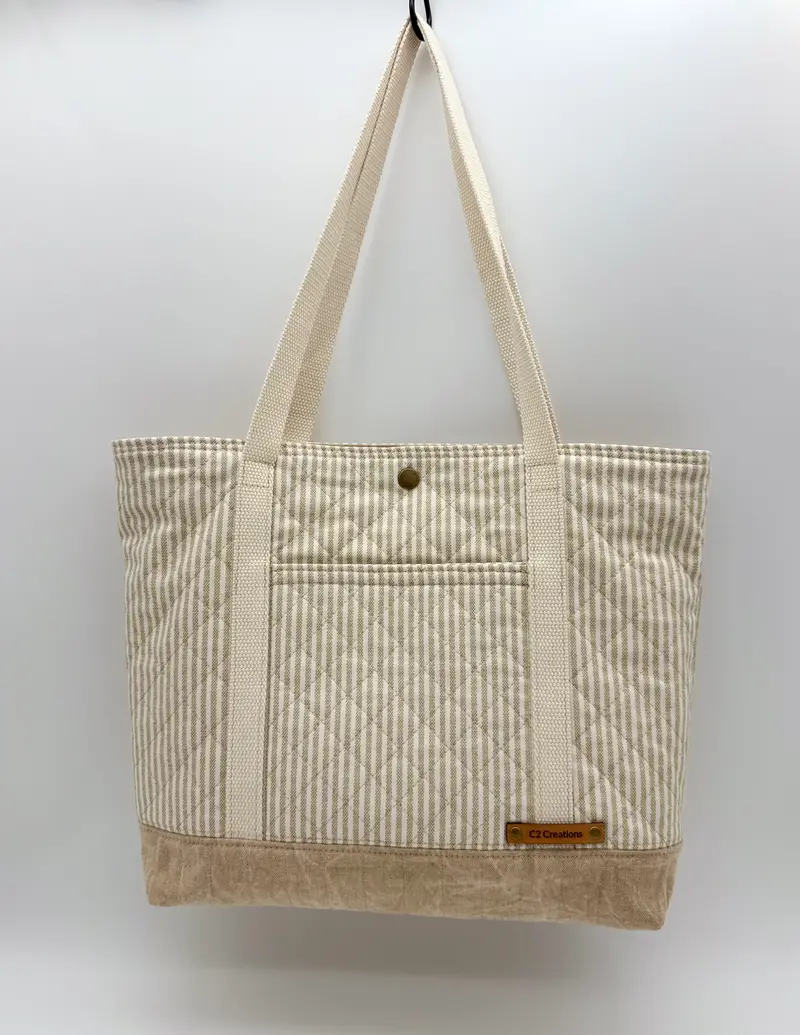Taupe Striped Quilted Tote – Artisan-Made Canvas Bag With Snap Fastening 1